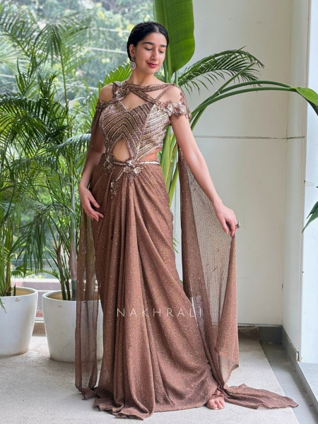 Virelle Brown Indo-Western Drape Gown with Sequin Work