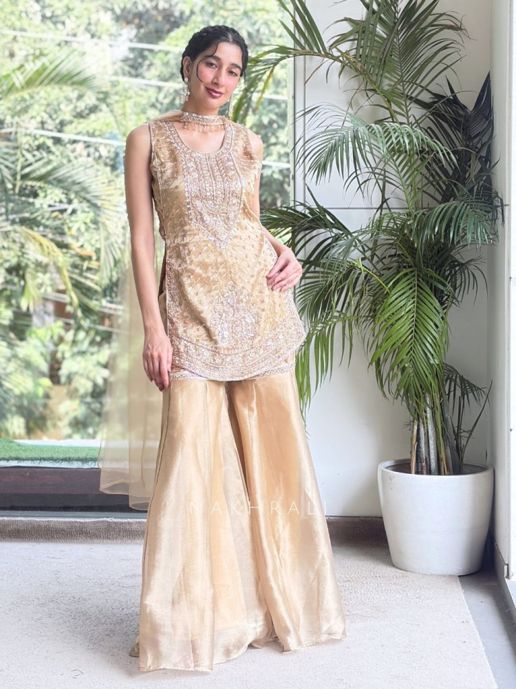 Image of Metamorphic Golden Indo-Western Palazzo Set