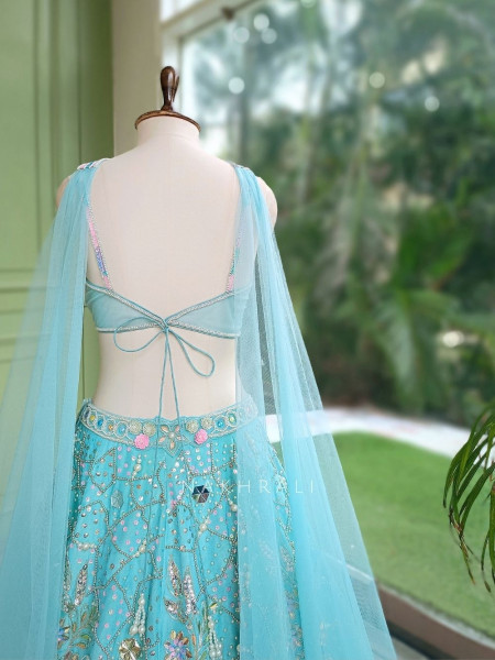 Ishvika Sky Blue Slub Silk & Tulle Carnival Lehenga Set