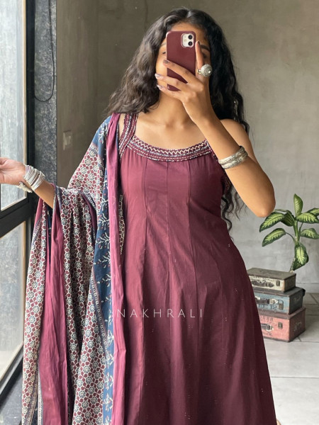 Miraya Wine Cotton Suit Set with Printed Border Detail