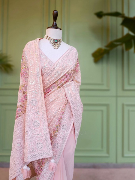 Ecru Grace Pink Embroidered Elegance Saree with Sequin Detailing