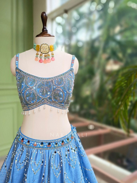 Aurora Bloom Blue Lehenga with Sequin, Mirror, Pearl and Cut Dana Work