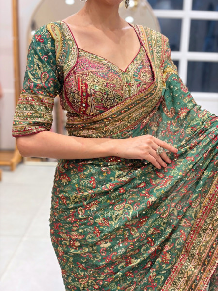 Talia Teal Green Chinon Crepe Silk Blend Saree