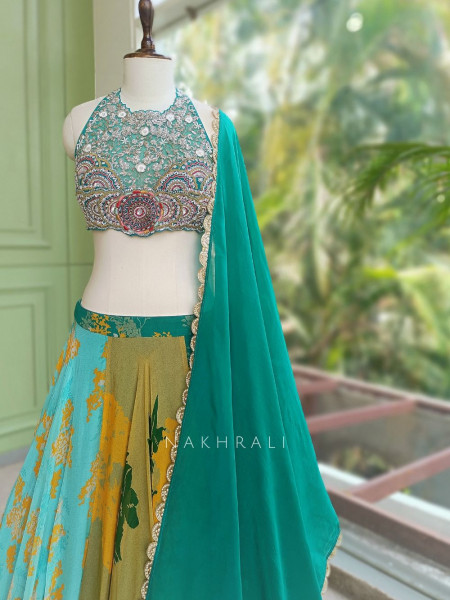 Harit Multicolour Indo Western Lehenga Set with Embroidered Blouse & Printed Skirt