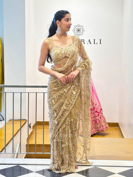 Radiant Charm Golden Net Saree with Sequin & Cut Dana Work