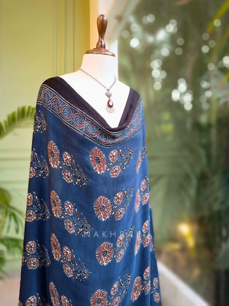 Aurelia Blue Modal Silk Dupatta with Ajrakh Print