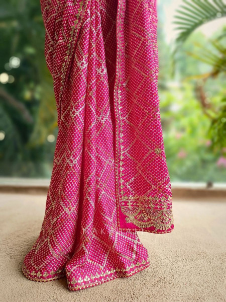 Aarvika Pink Bandhani Saree with Gota and Zari Border