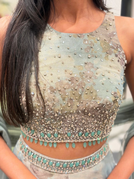 Kiyana Dusky Blue Indo Western Crop Top Plazzo Set with Stone Work