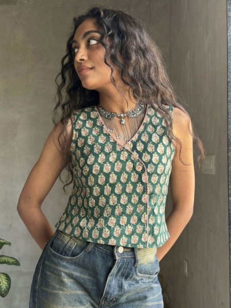 Flexora Green Printed Sleeveless Top with Overlap Neck Detail