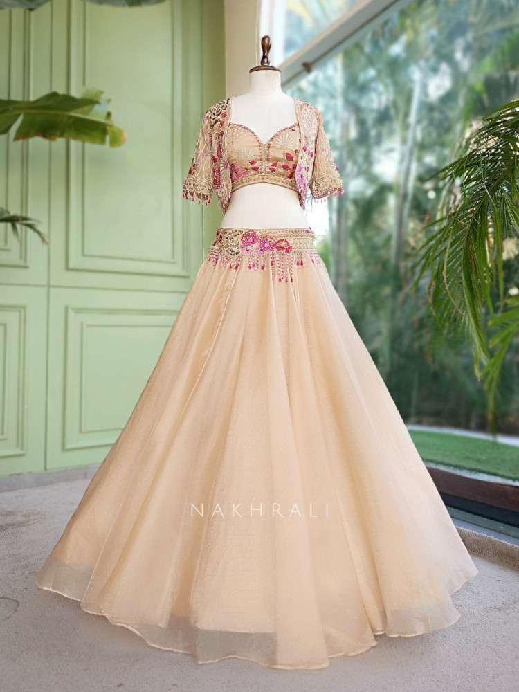 Image of lily Golden Tissue Organza Lehenga Set With Jacket