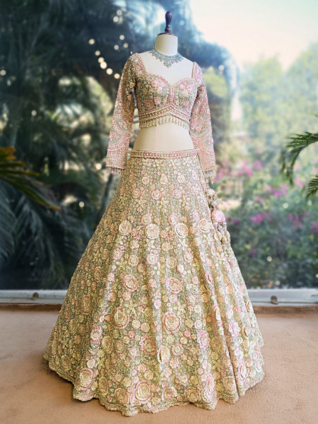 Princess Garden Olive Net Floral Embroidered Lehenga