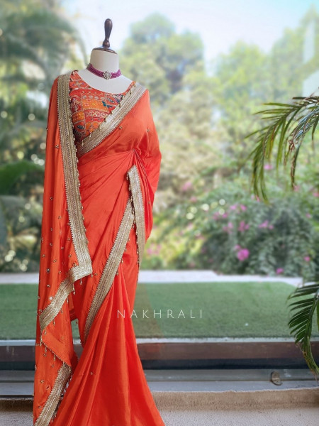 Rati Orange Saree with Gota Patti Border & Multicolor Embroidered Readymade Blouse