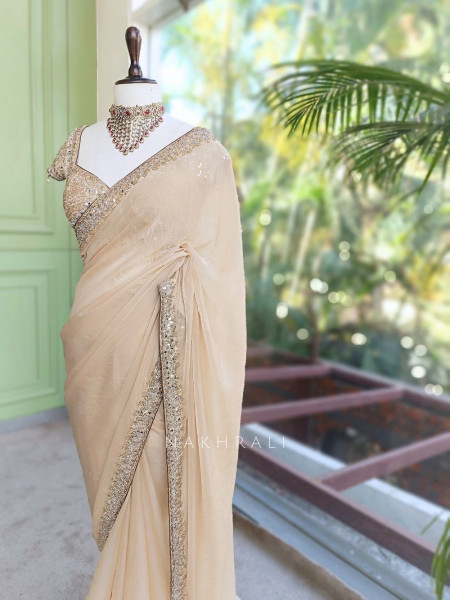 chandrika Golden Saree with Mirror Sequin and Cut Dana Border