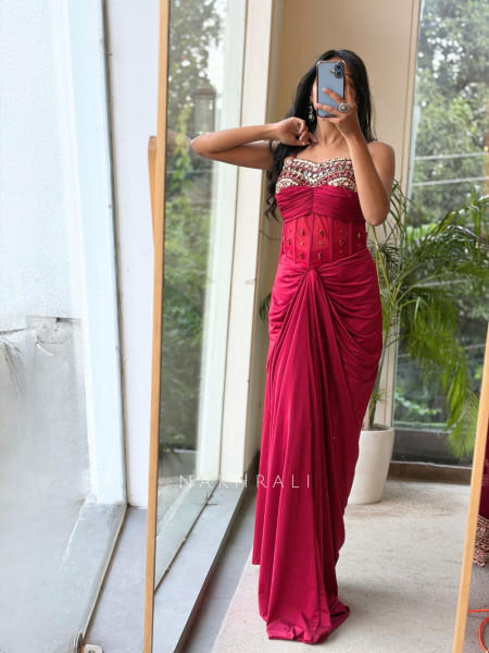 Elektra Maroon Draped Illusion Crop Top skirt