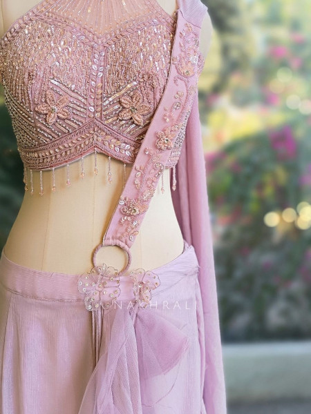 Elira Purple Drape Saree with Embellished Halter Blouse