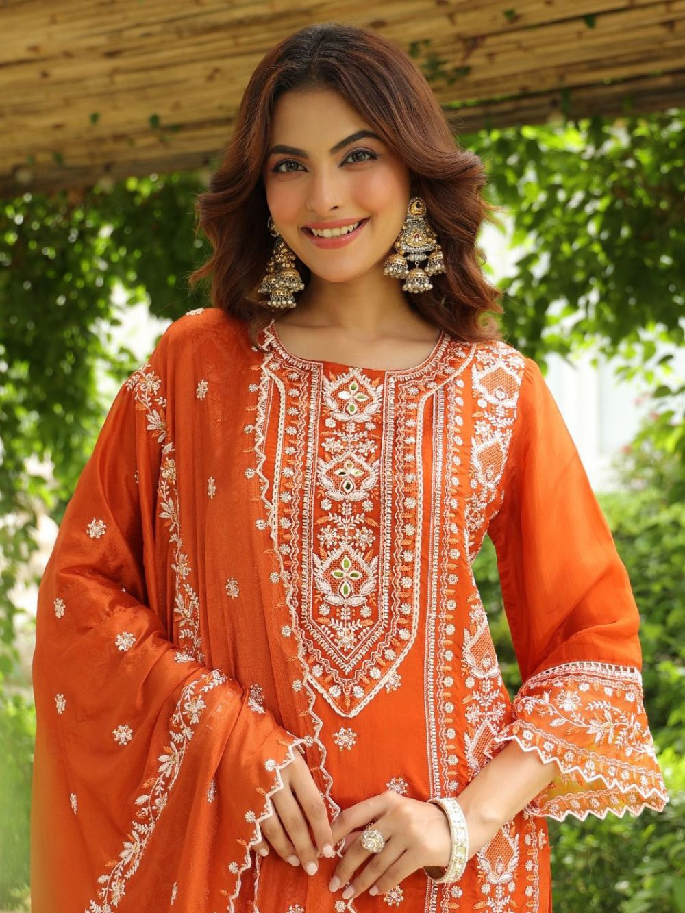 Noorvi Silk Embroidered Orange Suit Set with Intricate Thread and Mirror Work