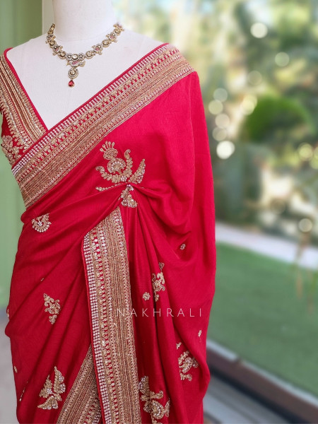 Tarang Cherry Red Saree With Zardozi, Pitta & Gota Patti Work