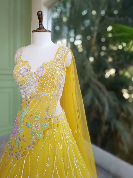 Floral Symphony Yellow Indo-Western Lehenga Set