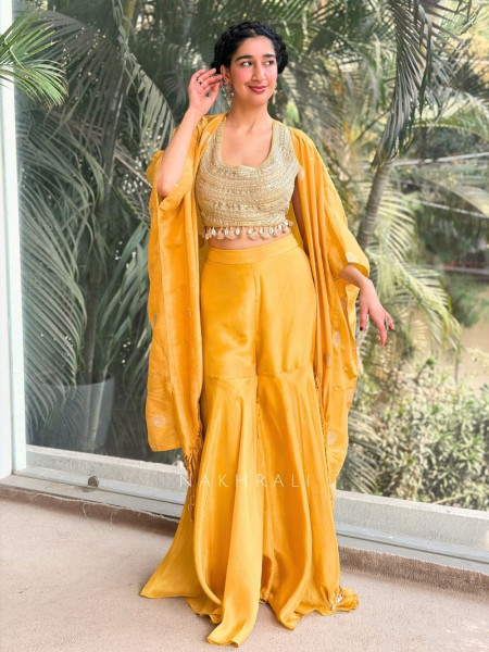 Solene Yellow Crop Top Palazzo Set with Embellished Shrug