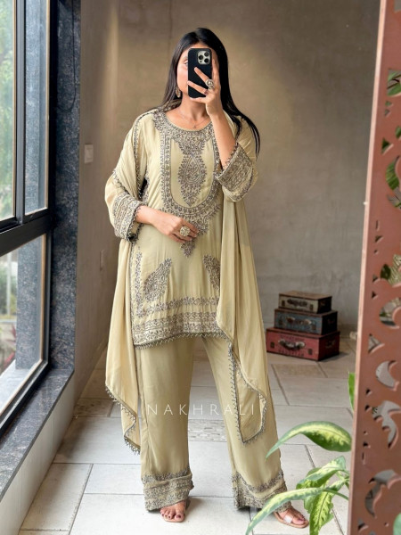 Ira Green Mehendi Georgette Suit Set with Zari Sequin Work