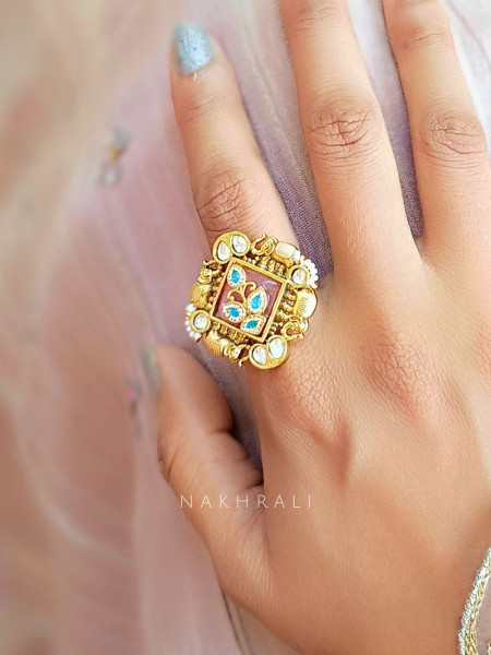Royal Enamel Pink Square Ring with Kundan & Pearl Detailing