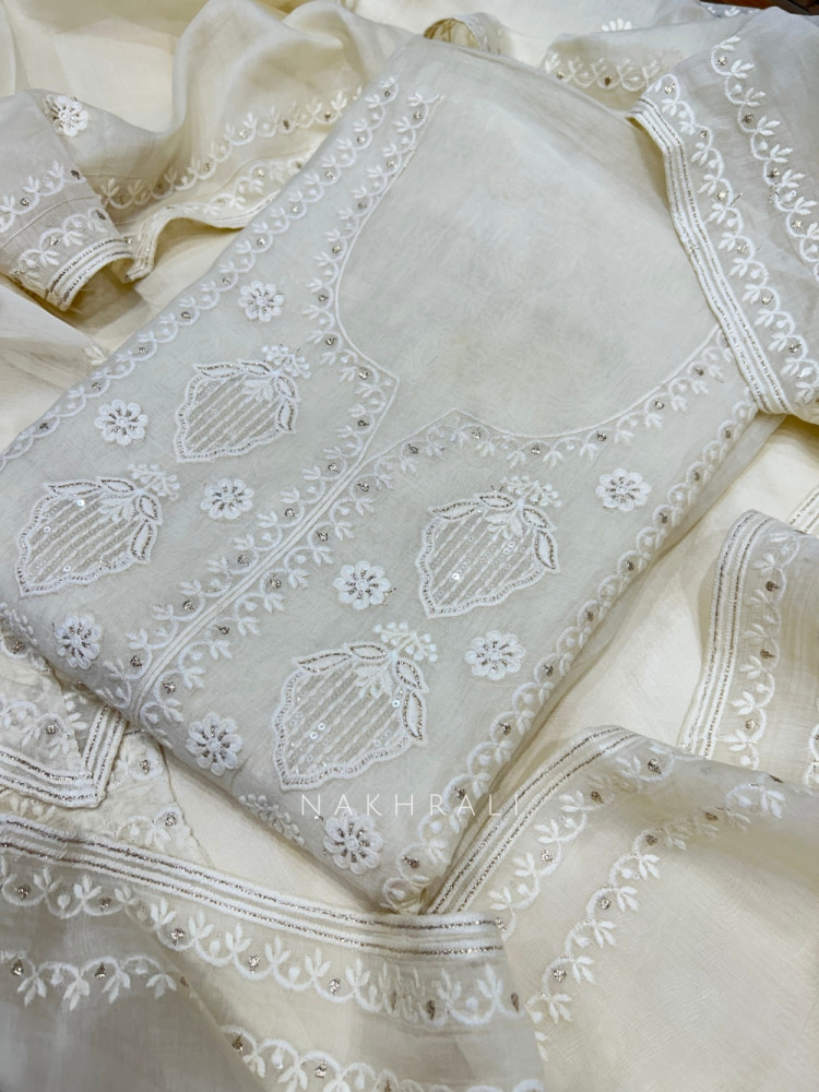 Image of Alabaster Aura Off White Organza Suit Set