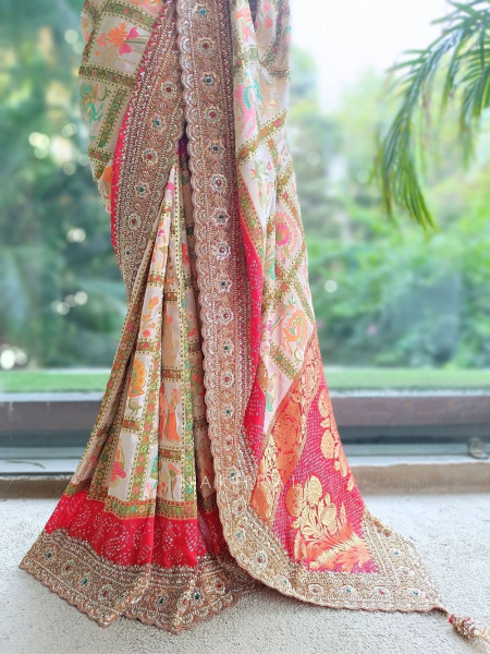 Vasantha Patola Fusion Red Saree with Readymade Blouse