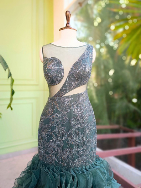 Serenad Teal Green Mermaid Gown with Sequin Embroidery