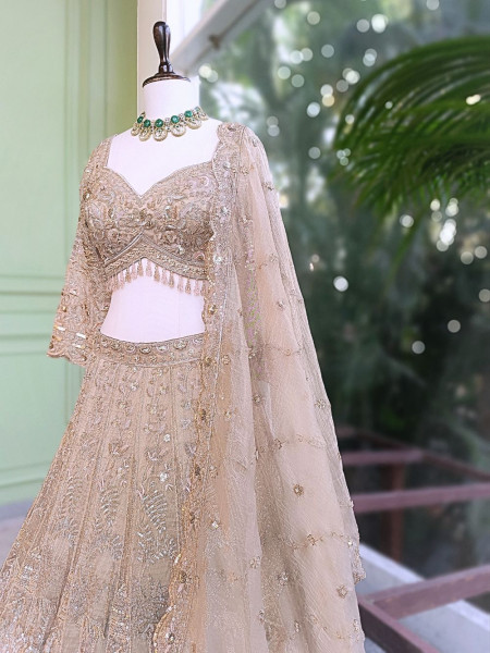 Kavros Beige Lehenga Set with Cut Dana & Sequin Work