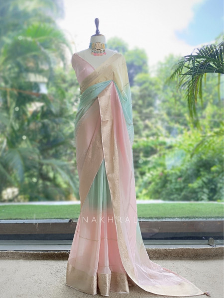 Mridurekha Pastel Pink Chinnon Saree with Running Blouse