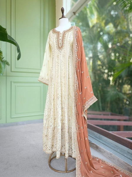 Noorin Cream Anarkali Set with Sequin & Thread Embroidery