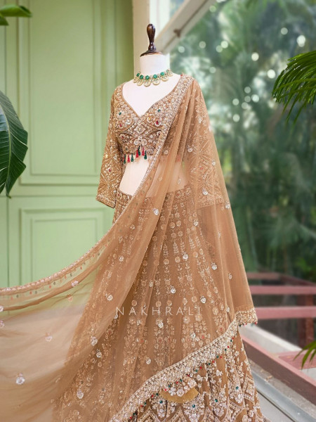 Rajvan Brown Net Lehenga Set with Cut Dana Sequin Work