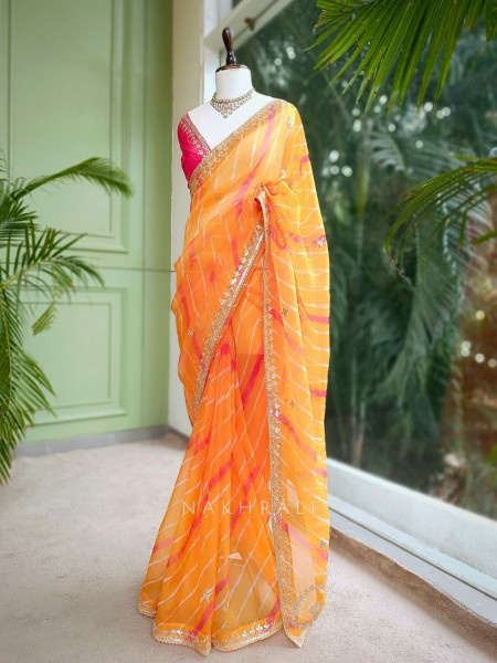 Noor Mustard Leheriya Saree with Gota Patti Work