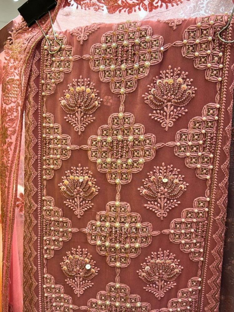 Image of Avarna Pink Pearl Beads Embroidered Dress Material