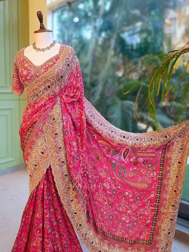 Image of Zafran Mahal Magenta Silk Saree with Kashmiri Paisley Print