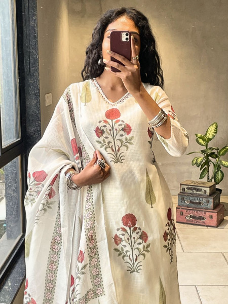 Nuvira Cream Kota Doria Suit Set with Floral Print