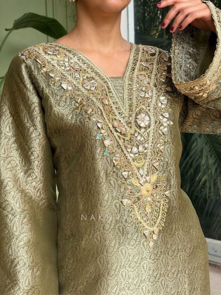 Kyra Green Straight Dress with Mirror Zari Work