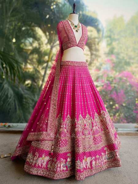 Suhira Magenta Unstitched Bridal Lehenga with Heritage Zari Work