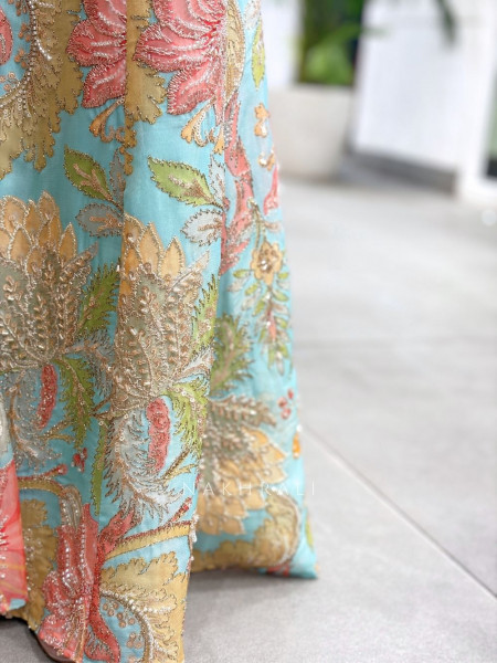 Giselle  Aqua Blue Indo Western Palazzo Set With  Floral Embroidery