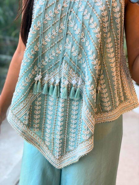 Citrine Firozi Indo Western Palazzo Set with Bead Work & Tassel Neck Detail