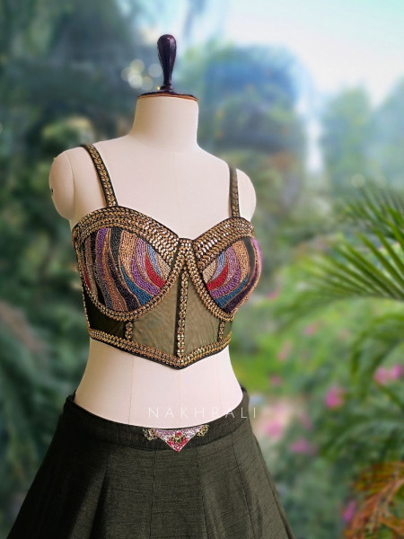 Arvaya Olive Indo Western Lehenga with Beaded Corset and Printed Jacket
