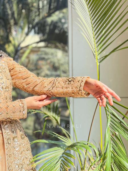 Mocha Bloom Brown Achkan Pattern Lehenga with Zari Sequin Work