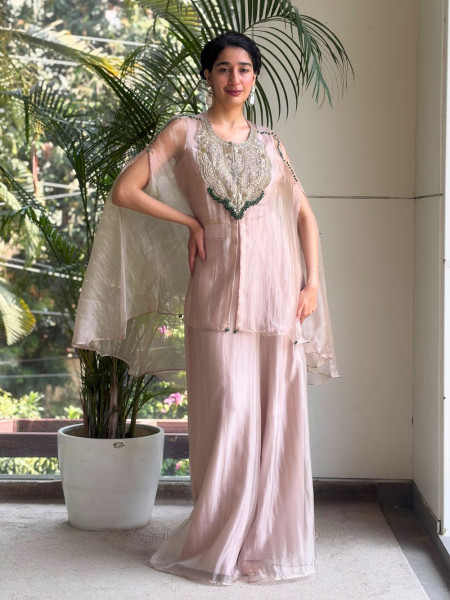 Rivasha Light Pink Kaftan Set with Sequin and Bead Embellished Yoke