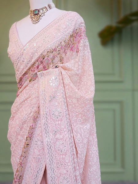 Ecru Grace Pink Embroidered Elegance Saree with Sequin Detailing