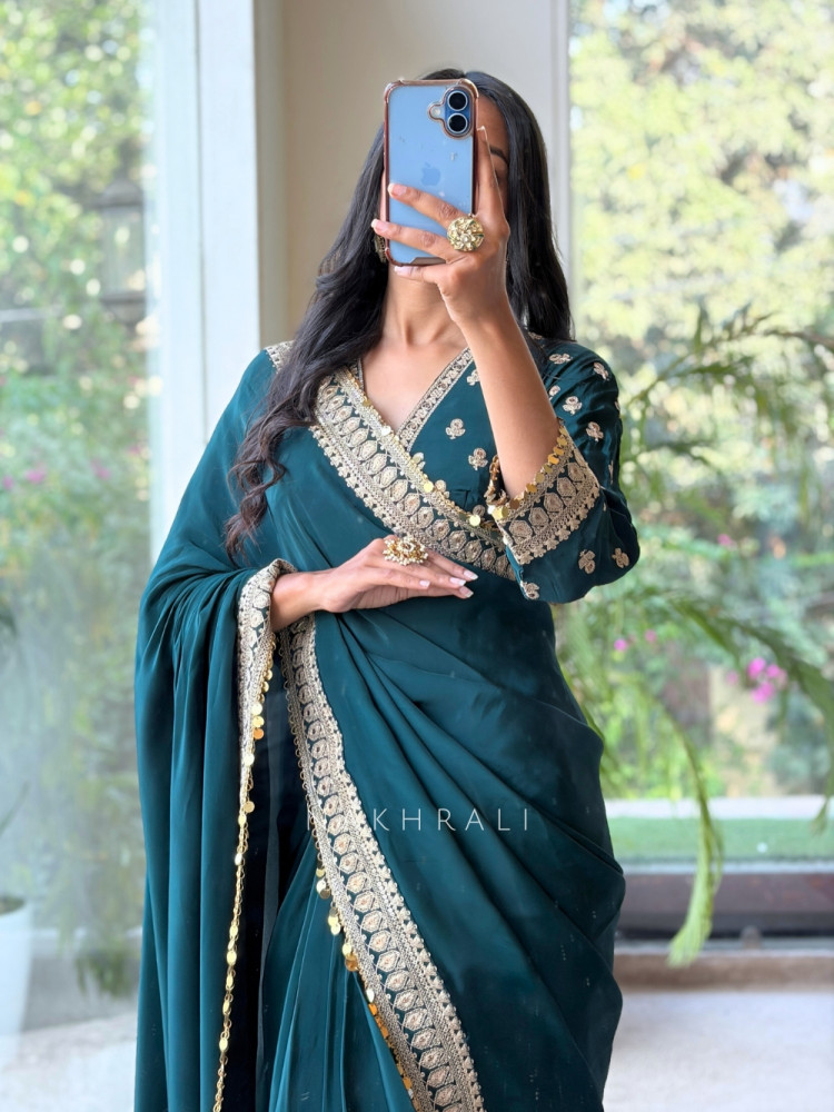 Image of Thalassa Coin Green Chinon Georgette Saree