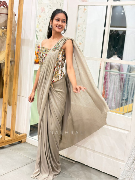Kivara Grey Drape Saree with Corset Blouse and Stone Work