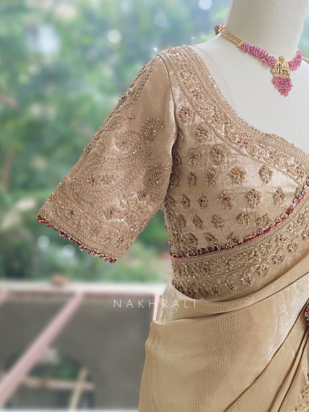 Gilded Noor Golden Premium Tissue Silk Blend Saree With Readymade Blouse