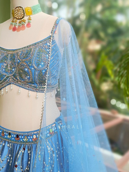 Aurora Bloom Blue Lehenga with Sequin, Mirror, Pearl and Cut Dana Work