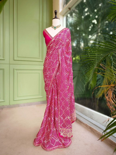 Aarvika Pink Bandhani Saree with Gota and Zari Border