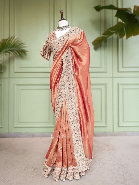 Bloomcrest Peach Embellished Saree with Readymade Blouse